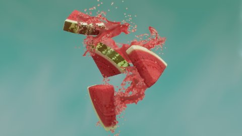 Watermelon slices with juice splash. Super slow motion.