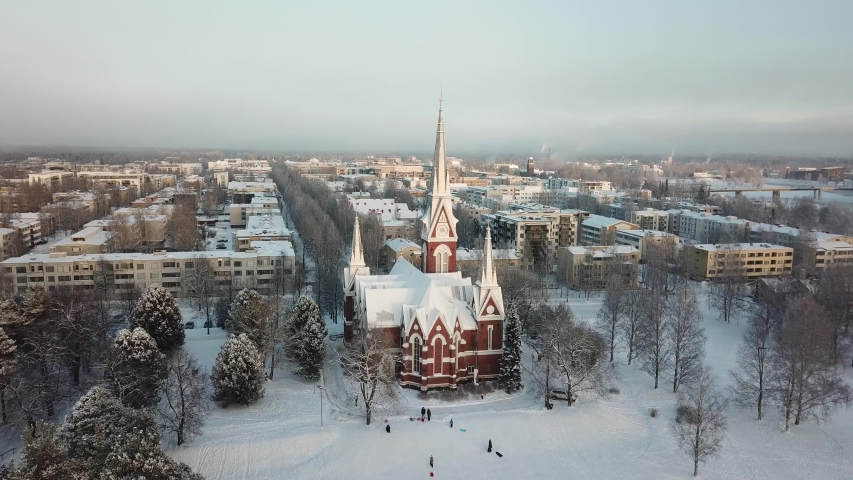 Aerial view of Joensuu Evangelical Lutheran Church in winter in Joensuu, Finland.