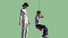 Mother and son. Swinging on a rope. Green screen video 