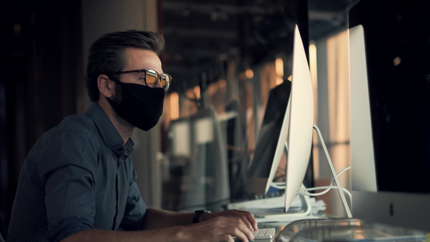 Remote Working With Camera Chatting Colleagues Internet Online Meeting Conference Webinar.Man In Face Mask Working In Office.Businessman In Mask Protection Epidemic Coronavirus.Distance Working Webcam | Shutterstock HD Video #1052887826