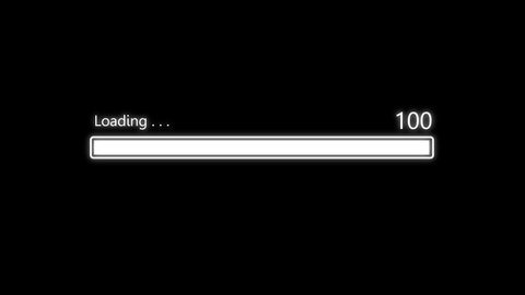 Loading bar downloading barloading screen pixelated progress animation Loading Transfer Download 0-100% in black background.