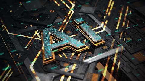 3D Render animation of AI Artificial intelligence in CPU chipset. Central processor unit and electric print circuit board with data traffic light on dark and grain processed