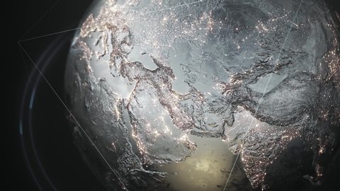 3D animation rendering of futuristic planet earth from space. Abstract animation of metal globe in digital space