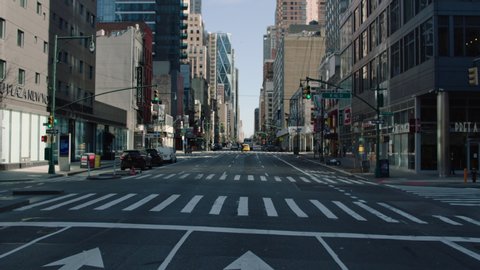 Manhattan, NY / USA - April 2020: Driving Through Manhattan During the COVID-19 Pandemic, Empty Streets and No People