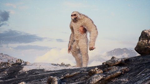 Bigfoot in the snowy mountains on a beautiful winter morning. Yeti in the mountains. Animation for fabulous, fiction or fantasy backgrounds.