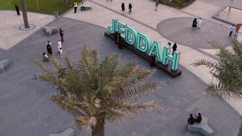 Drone shot of Jeddah Landmark at Corniche with people around it