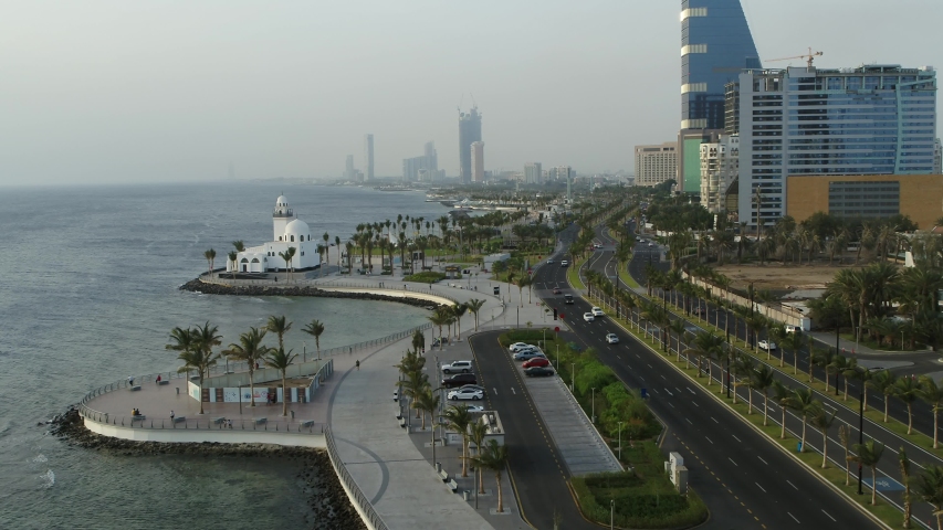 Drone shot of the new corniche of Jeddah along-with the seaside | Shutterstock HD Video #1052906258