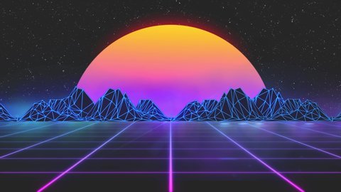 Stylized vintage 3D animation background with mountains, sun and glowing stars. 80s retro futuristic sci-fi seamless loop.