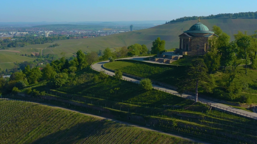  Aerial view of Sepulchral Chapel on Württemberg hill in Stuttgart in spring during the coronavirus lockdown.
