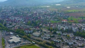 Aerial view of the city Weinstadt in Germany on a sunny spring day during the coronavirus lockdown.