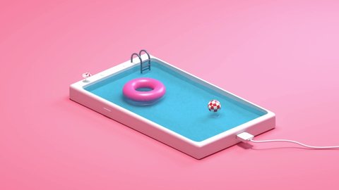 swimming pool on a smartphone with pink background. summer concept. Rendering 3d. 3d animation
