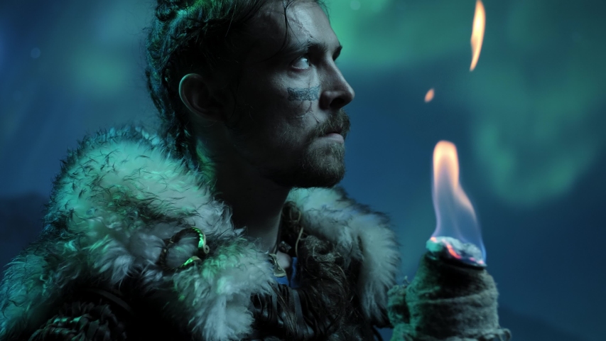 Viking warrior against Aurora Borealis
