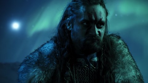 Viking warrior against Aurora Borealis