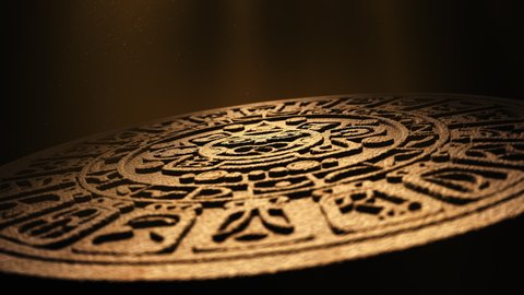 Mayan calendar rotates slowly under dramatic beams of light with floating dust particles. Ancient historic archaeology, stone carving from ancient civilisation

