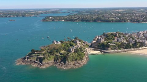 France, Bretagne, Emerald Coast Dinard, Moulinet cliff point, Saint-malo in the background, wide drone aerial view over the sea