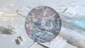 Digital illustration of words Covid-19 Virus floating over globe spinning, face masks and medical pills. Coronavirus Covid-19 pandemic concept digital composite - Powered by Shutterstock - Get 15% off with code: PIKWIZARD15