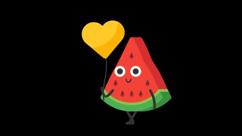 Watermelon holding heart shaped balloon. Transparent background. Loop animation. Motion graphics