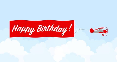 Animation of flying Biplane with banner, happy birthday card.