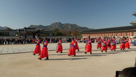 seoul , seoul / South Korea - 11 29 2019: the change of guard ceremony in Gyeongbokgung Palace south korea