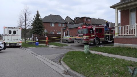 Markham, Ontario, Canada May 2020 Scene of serious house fire during COVID 19 pandemic era as more people stay home the number of house fires increases.