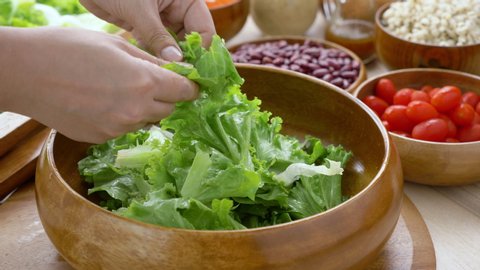 Hand woman chef tear Vegetable leaves mixing Green Salad in glass bowl. Breakfast fresh salad and clean vegetable can eat raw. Nutritious and enzymes in Salad mix leaves green vegetable can detox. 