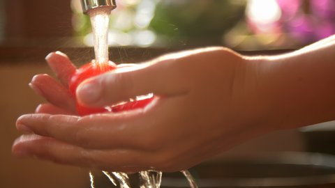 women's hands washing cherry tomatoes under tap water, 4k