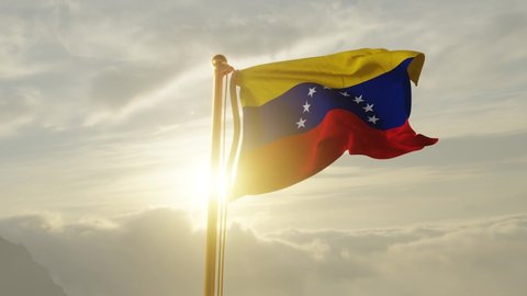 Flag of Venezuela Waving in the wind, Sky and Sun Background, Slow Motion, Realistic Animation, 4K UHD 60 FPS Slow-Motion