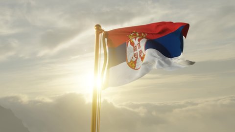 Flag of Serbia Waving in the wind, Sky and Sun Background, Slow Motion, Realistic Animation, 4K UHD 60 FPS Slow-Motion