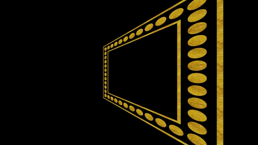 Gold Art Deco pattern on a minimal black background, tilted horizontally initially to the left then moves to the right, composed of colored shapes.