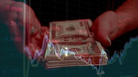 Trader counts money. Flashing red light. Concept of financial stagnation, recession, crisis, business crash and economic collapse. Lightning strike, Storm. Lockdown - Powered by Shutterstock - Get 15% off with code: PIKWIZARD15