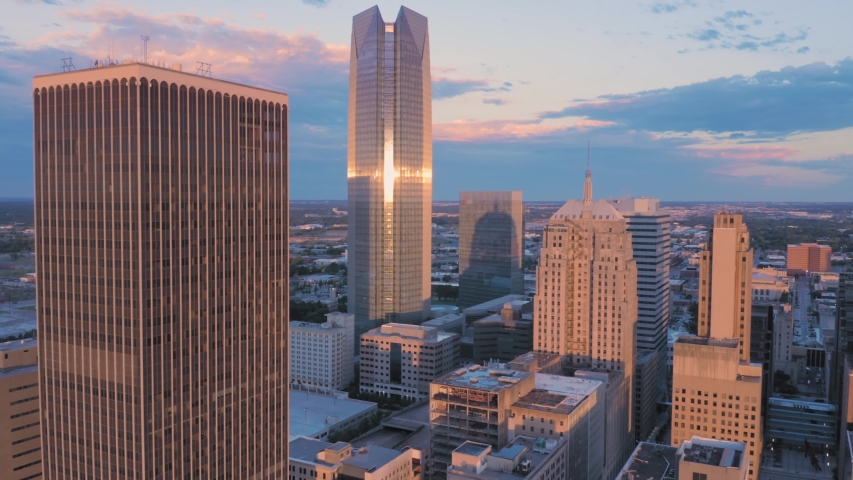 Oklahoma City, Oklahoma, USA. Aerial of the downtown city skyline at sunrise 
