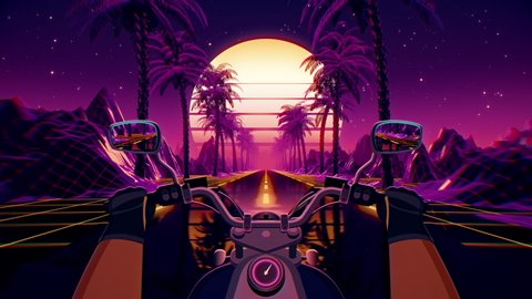 80s retro futuristic sci-fi seamless loop with motorcycle pov. Riding in retrowave VJ videogame landscape, neon lights and low poly grid. Stylized biker vintage vaporwave 3D animation background. 4K