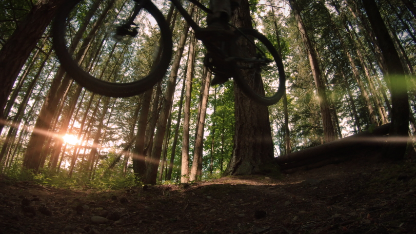 Dramatic Slow Motion Mountain Bike Air Jumping Over Camera on Forest Trail