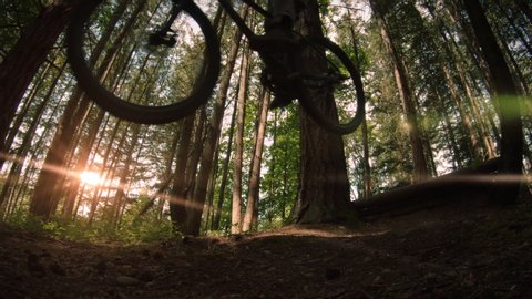Dramatic Slow Motion Mountain Bike Air Jumping Over Camera on Forest Trail