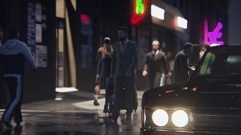 Night city street of 70-80s stile, 3d render animation - 2