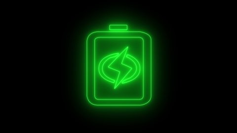 Green battery icon glowing and blinking, full charge with lighting. on black background