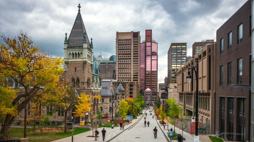 Timelapse view of historical landmark McGill University during fall season in Montreal, Quebec, Canada. 