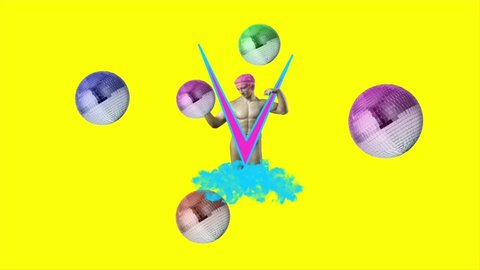 Stop motion art. Ancient statue holding disco ball on yellow background.