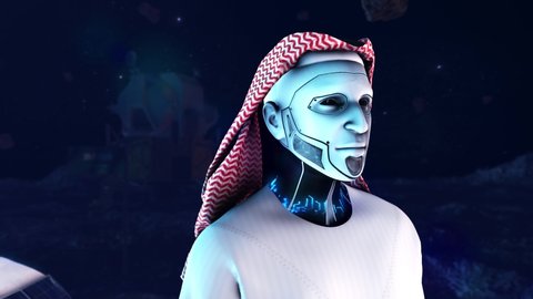 Moon landing mission saudi Arabia,Robot Saudi, sci-fi robot animation of the digital world of the future of neural networks and the artificial intelligence,