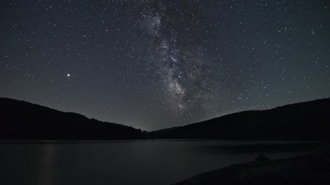 Stars, Planet Mars and the Milky Way over a Mountain Lake Night Time Lapse