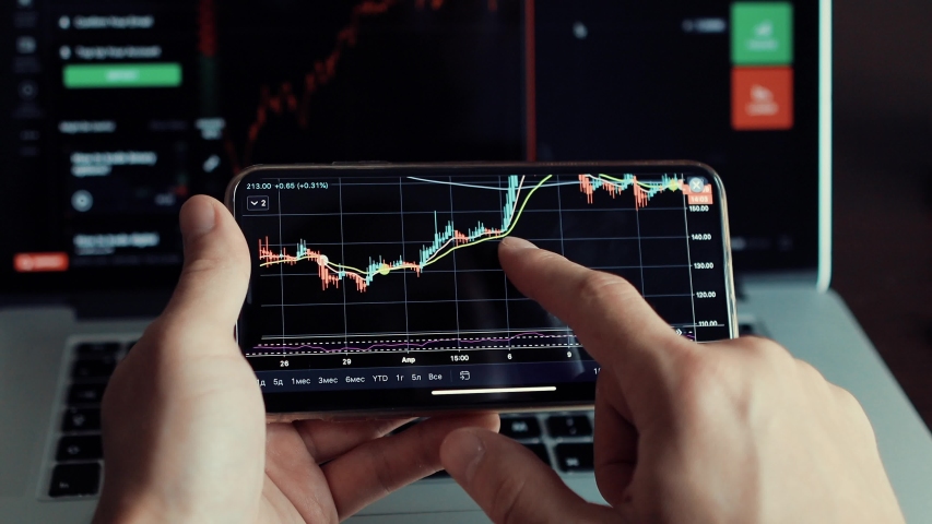 Investment stockbroker risk analysis using multiple devices. Financial analysis using phone app and laptop. Market trading profit.
 | Shutterstock HD Video #1052999315