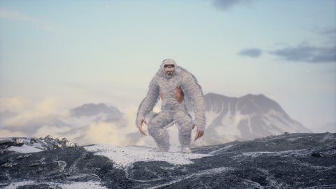 Sasquatch in the snowy mountains on a beautiful fog winter morning. Bigfoot in the mountains. Animation for fabulous, fiction or fantasy backgrounds.