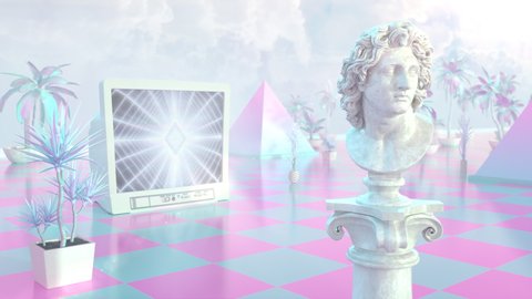 Aesthetic Vaporwave Statue with Retro CRT TV and Mall Palm Plants - 4K Seamless Loop Motion Background Animation