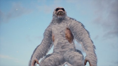 Monster in the snowy mountains on a beautiful fog winter morning. Sasquatch in the mountains. Animation for fabulous, fiction or fantasy backgrounds.