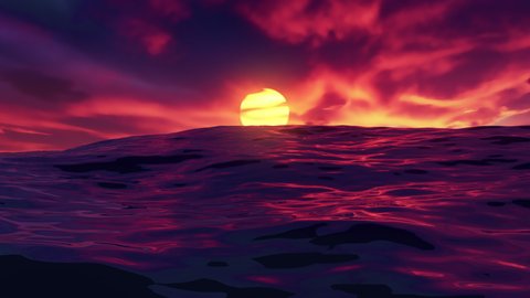 Red beautiful sunset over ocean seamless loop. The glowing sun shines on dusk with water swells and light reflections. Red sky and amazing sea with waves. Summer sunrise seascape. Looping 3D animation