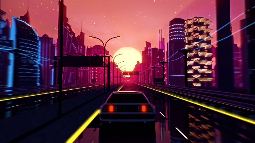 Retro-futuristic 80s style drive in neon city. Seamless loop of cyberpunk sunset landscape with a moving car on a highway road. VJ synthwave looping 3D animation for music video. 4K stylized vintage | Shutterstock HD Video #1053012974