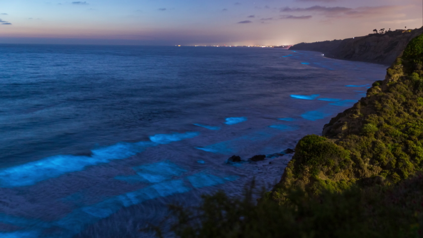Time lapse of Bioluminescent glowing waves at Southern California Coast Royalty-Free Stock Footage #1053015995