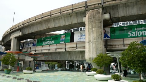 BANGKOK, THAILAND - MAY 23, 2020: BTS Sky train, The Bangkok Mass Transit System, commonly known as the BTS or the Skytrain is an elevated rapid transit system in Bangkok, Thailand.