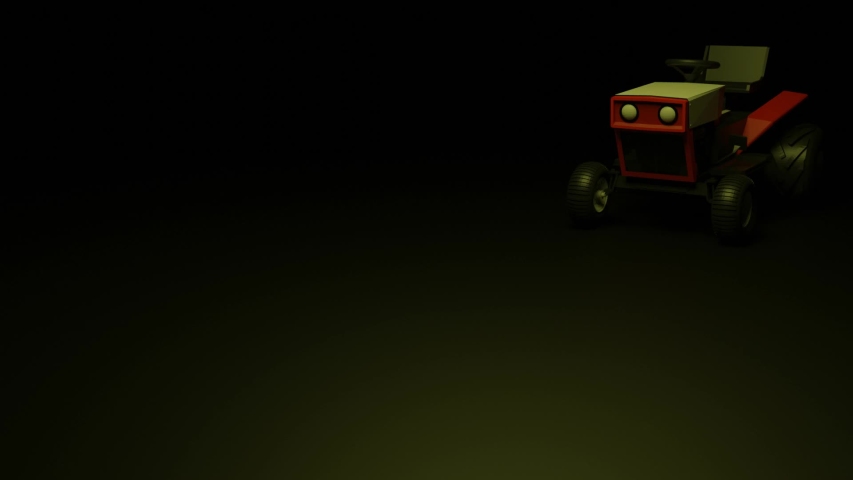 3D model of a colorful tractor - video of a tractor that moves. Dark background around with little light.