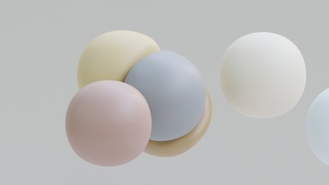 Liquid balls levitation. Morphing spheres in zero gravity movement. Soft body physics 3d render. Slow motion animation of elastic shapes bounce. Colorful fluid objects on grey background. 